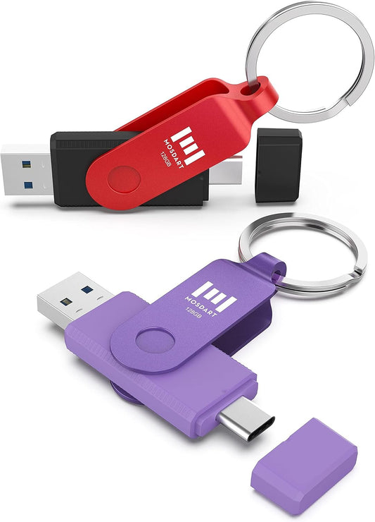 MOSDART 128GB USB3.1 Fast Speed C and A Dual Flash Drive, exFAT Memory Stick with Keychain and LED Indicator, for iPhone 15 and 16, Android Phone, iPad, MacBook, Red and Purple(Pack of 2)