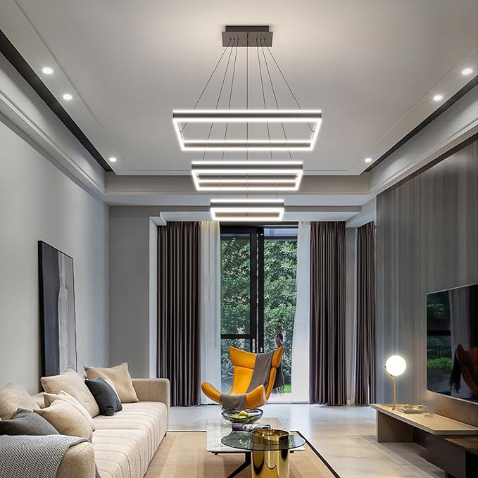 Modern Pendant Light Fixture, 3 Layer Square Black LED Chandelier for Dining Room Table, Dimmable 3000K-6500K, Adjustable Height Kitchen Island Ceiling Hanging Lighting for Living Room Bedroom