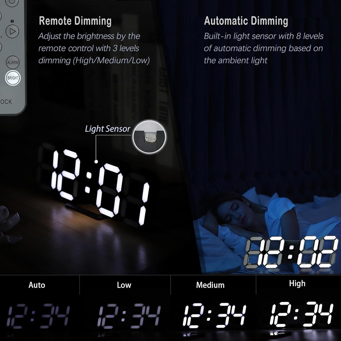 KOSUMOSU Digital Clock 3D LED Wall Clock for Living Room Decor 9.7" Alarm Clocks Black Clock Wall Decor Digital Wall Clock,Remote Control/Dimmer/Date/Temperature
