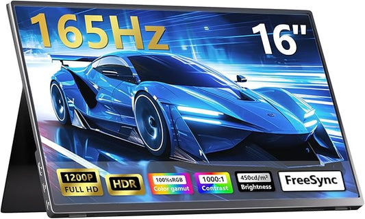 Portable Monitor 16inch 1200P 165Hz 450Nits 100%sRGB Portable Gaming Monitor USB-C HDMI Laptop Screen Extender, with Smart Cover,Dual Speakers, Portable Monitor for Laptop, PC Phone Xbox Switch