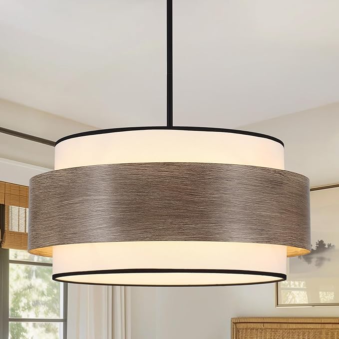 Luupyia 20 Inches Drum Chandelier with Metal and Fabric Shade, 5Lights Farmhouse Drum Pendant Light Large Rustic Chandelier, Height Adjustable Pendant Lighting for Ktichen Island Dining Room E26