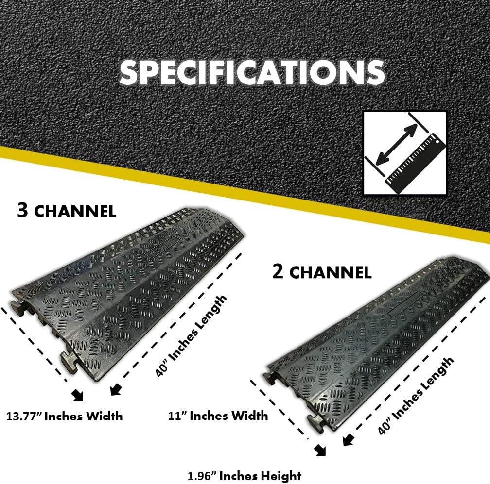 Kable Kontrol Drop Over Floor Cord Cover – 40” Inch Long 3 Channel Cable or Wire Protector – Rubber Ramp for Indoor and Outdoor Use – Black