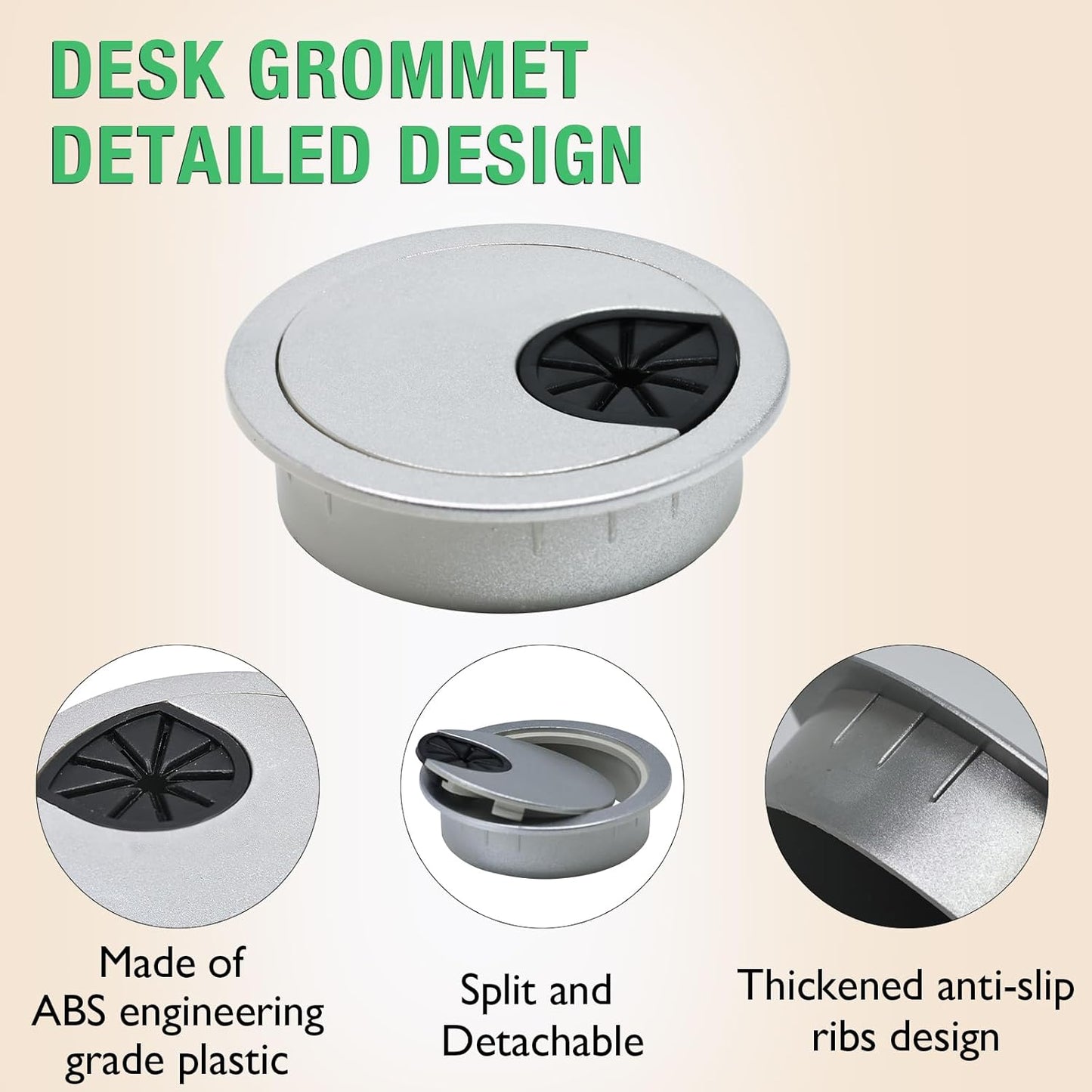 5 Pcs Desk Grommet 3-1/8" / 80 mm, Desk Cord Hole Cover, Cable Grommet ABS Plastic, Desk Hole Grommet for Home & Office Pc, Detachable Cable Cord Organizer-Silver Sand