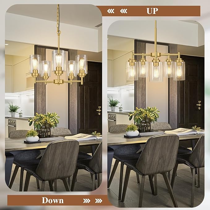 5-Light Chandelier for Dining Room Kitchen Island Modern Farmhouse Pendant Lighting with Clear Glass Shades Industrial Gold Hanging Ceiling Light Fixture for Foyer Living Room, Height Adjustable