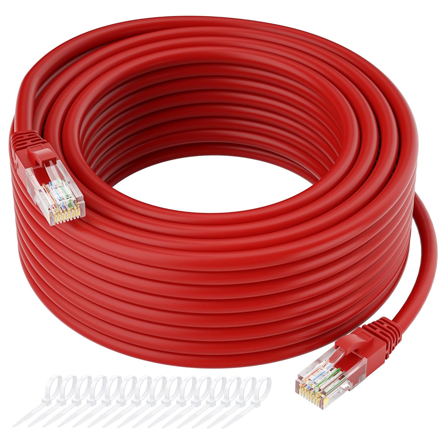 Cat5e Ethernet Cable 75 FT, Cat 5e Internet Cable, Red Snagless Patch Cord, Flexible, Network, LAN, PoE, Standard RJ45 Connector for PC, Server, Router, Modem, TV, PS5 - with 15 Cable Ties