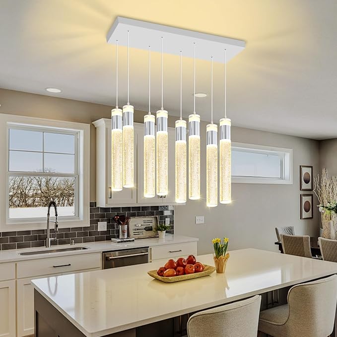 8-Lights Silver Hanging Pendant Light for Kitchen Island Modern Dimmable LED Crystal Chandeliers for Dining Room Bedroom Living Room Over Table Adjustable Height