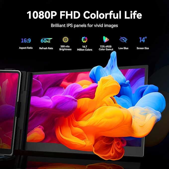 Laptop Screen Extender, 1.3lb Ultra Lightweight 14" 1080P FHD Portable Monitor for Laptop, Plug & Play Dual Travel Screen Monitor, Laptops Dual Monitors Attachment, Fits Windows/Mac/Android/Chrome