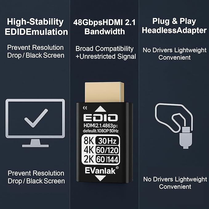 EVanlak 8K 30Hz HDMI Dummy Plug, 4K EDID Emulator Virtual Display Adapter, Headless Ghost HDMI 2.1 Emulator Supports 8K@30Hz / 4K@120Hz / 1440p@144Hz / 1080p@144Hz, Plug & Play Gold Dongle (1-Pack)