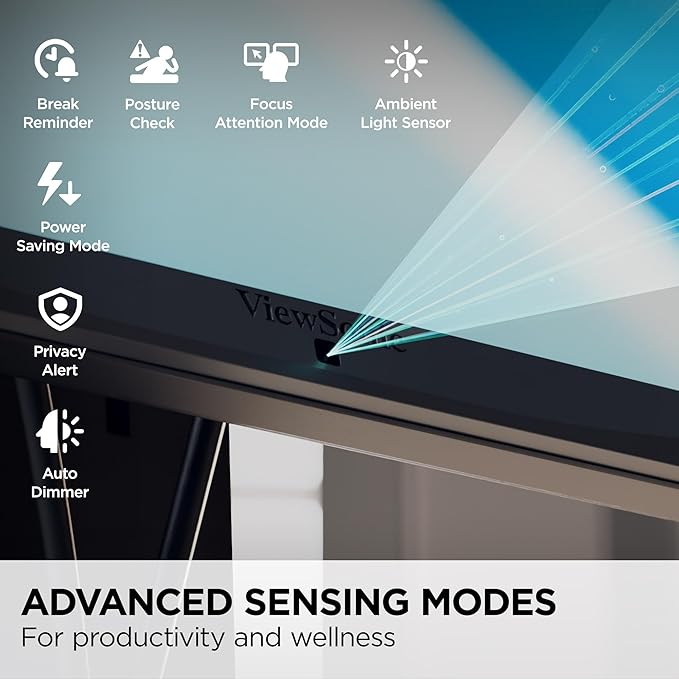 ViewSonic VG2748A-2K 27 Inch IPS QHD Ergonomic Monitor with Ambient Light Sensor, Auto Screen Dimmer, Screen Privacy Alert, USB Hub, DisplayPort, HDMI, and VGA for Home and Office