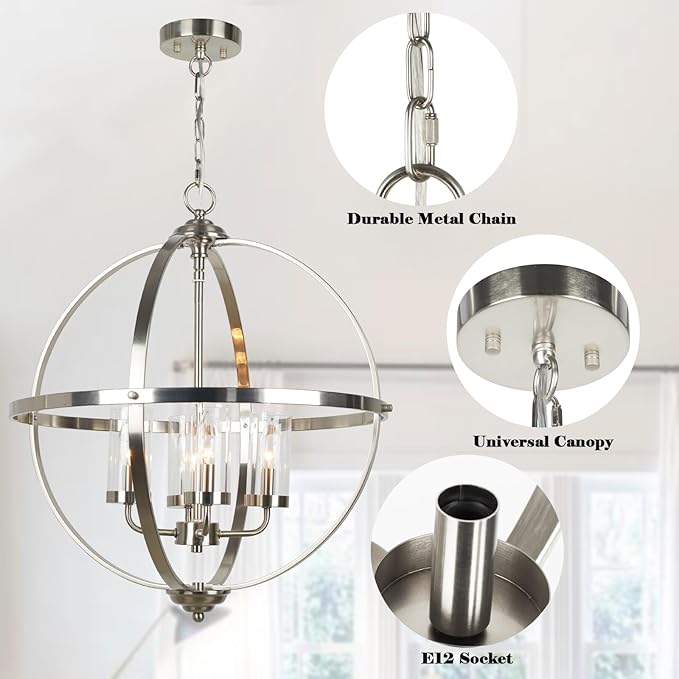Treekee 20'' Globe Chandelier Brushed Nickel Chandeliers, 4-Light Modern Orb Chandelier, Luxurious Hanging Light Fixture with Glass Shade, Pendant Light for Dining Room Entryway Living Room