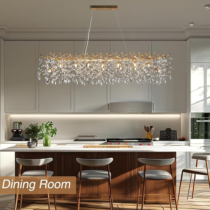 YUYI Modern Crystal Chandelier, 60" Gold Tree Branch Chandelier, 16-Light Rectangular Chandeliers for Dining Room, Kitchen Island, Living Room, Luxury Top K9 Crystal Raindrop Light Fixture - Upgraded