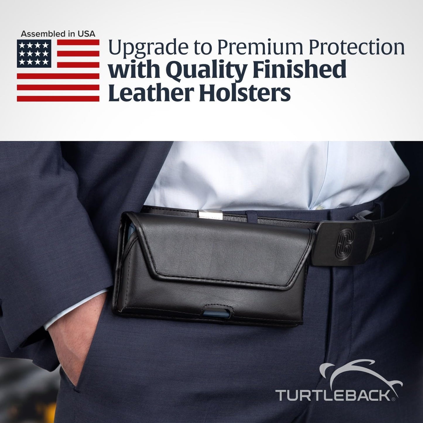 Turtleback Belt Clip for iPhone 16 Pro, 16e, 15 pro 14 Pro 13 Pro -Medium- Fits w/Shockproof Commuter Style Cases, Premium Black Leather, Horizontal Belt Holder, Magnetic Closure HD Rotating Clip