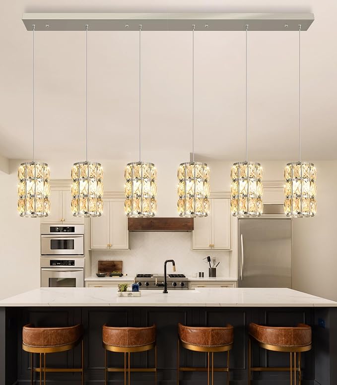 6-Lights Rectangle Modern Crystal Pendant Lights for Kitchen Island LED Dimmable Glam Pendant Lighting Chandelier for Dining Room Hallway Corner Lamp Nickel