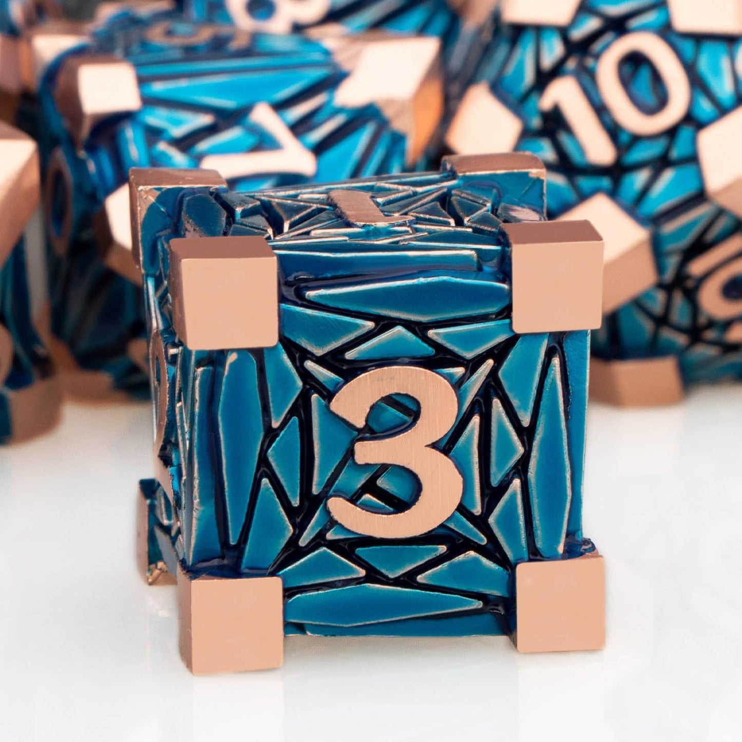 7PCS Metal DND Dice Set with Box, Debris RPG Copper Blue D and D Dice for use with D&D Tabletop Games Role Playing Game Polyhedral Dice Set D20 D12 D10 D8 D6 D4