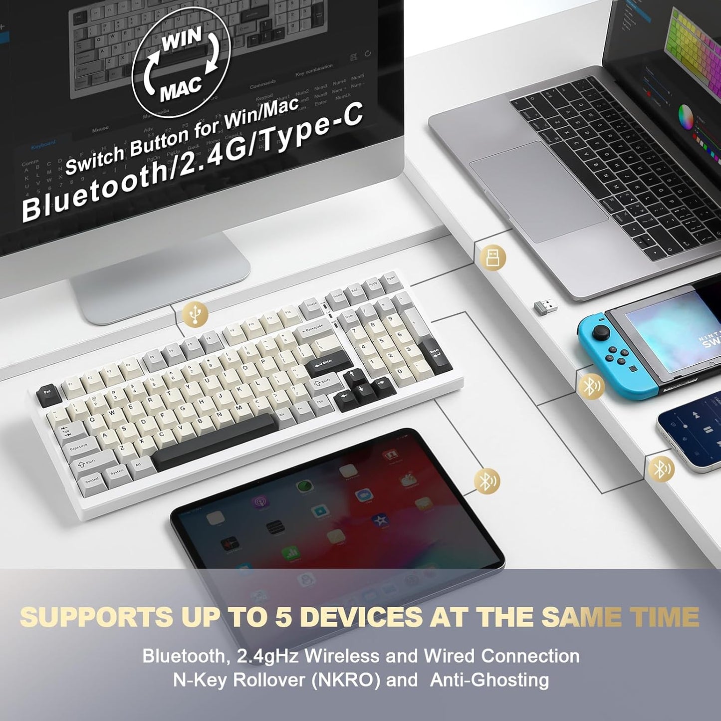 YUNZII YZ98 Gasket Mechanical Keyboard,99 Key Hot Swappable BT5.0/2.4G/USB-C Wireless NKRO 98% 1800 Layout with RGB LED Backlit for Linux/Win/Mac(White, Cocoa Cream V2 Switch)