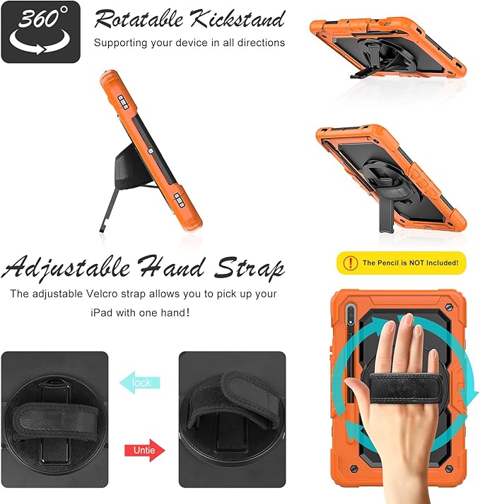 Case for Samsung Galaxy Tab S8/S7 11-inch 5G Tablet Case 2022/2020, [with Tempered Glass Screen Protector], Rotating Kickstand, Hand & Shoulder Strap, S Pen Holder (Orange)