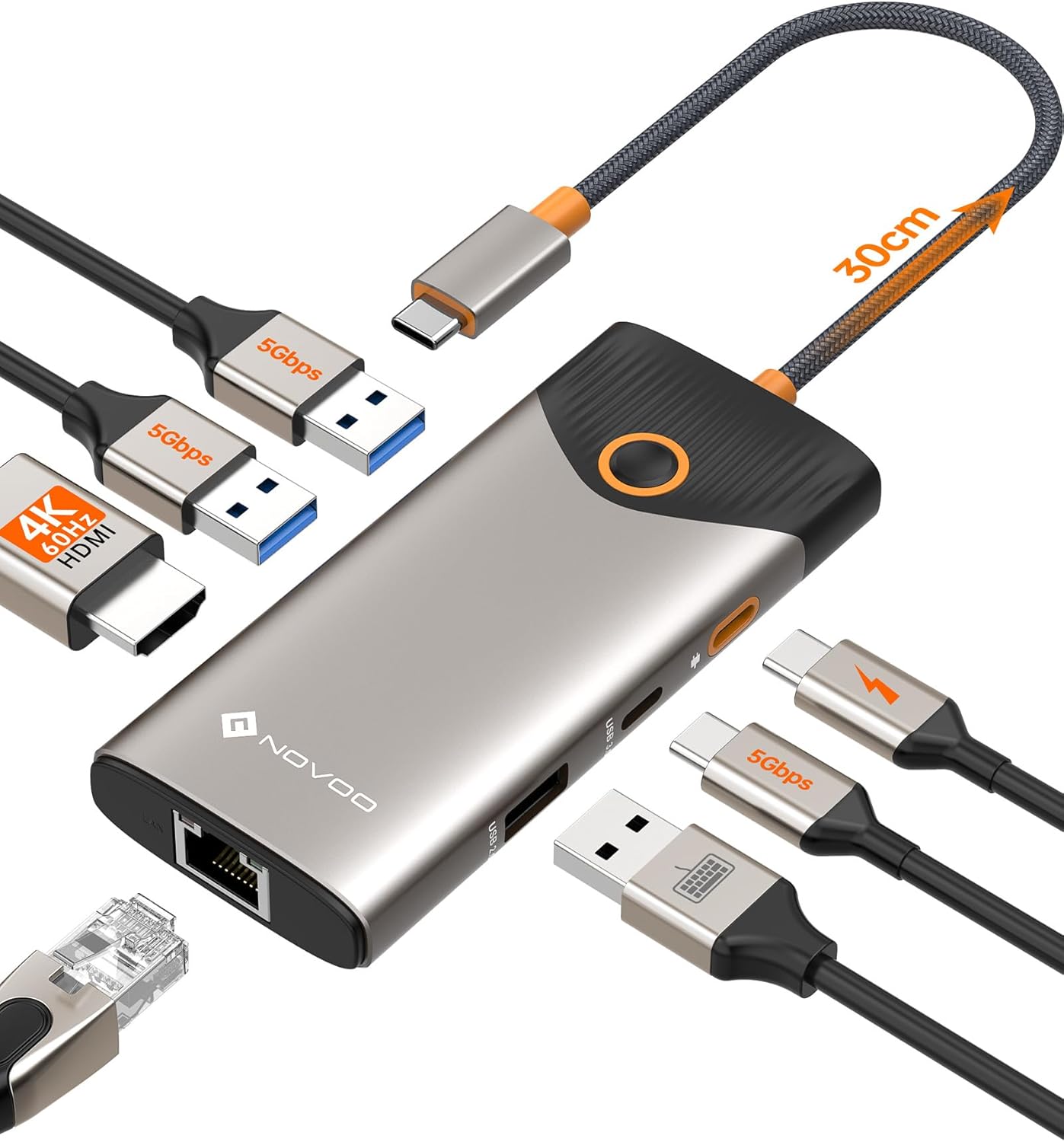 NOVOO USB C Hub Ethernet 4K@60 USB C HDMI Adapter Multiport Type C Adapter, 100W PD, 5Gbps USB-A/C Data Ports Docking Station Compatible for MacBook/iPhone/Dell/HP/Surface