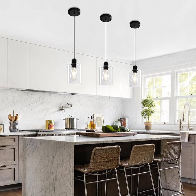 3 Pack Pendant Lights Kitchen Island, Black Kitchen Pendant Lighting Over Island, Hanging Light Fixtures Modern Glass Pendant Lights for Hallway Entryway Bedroom Dining Room