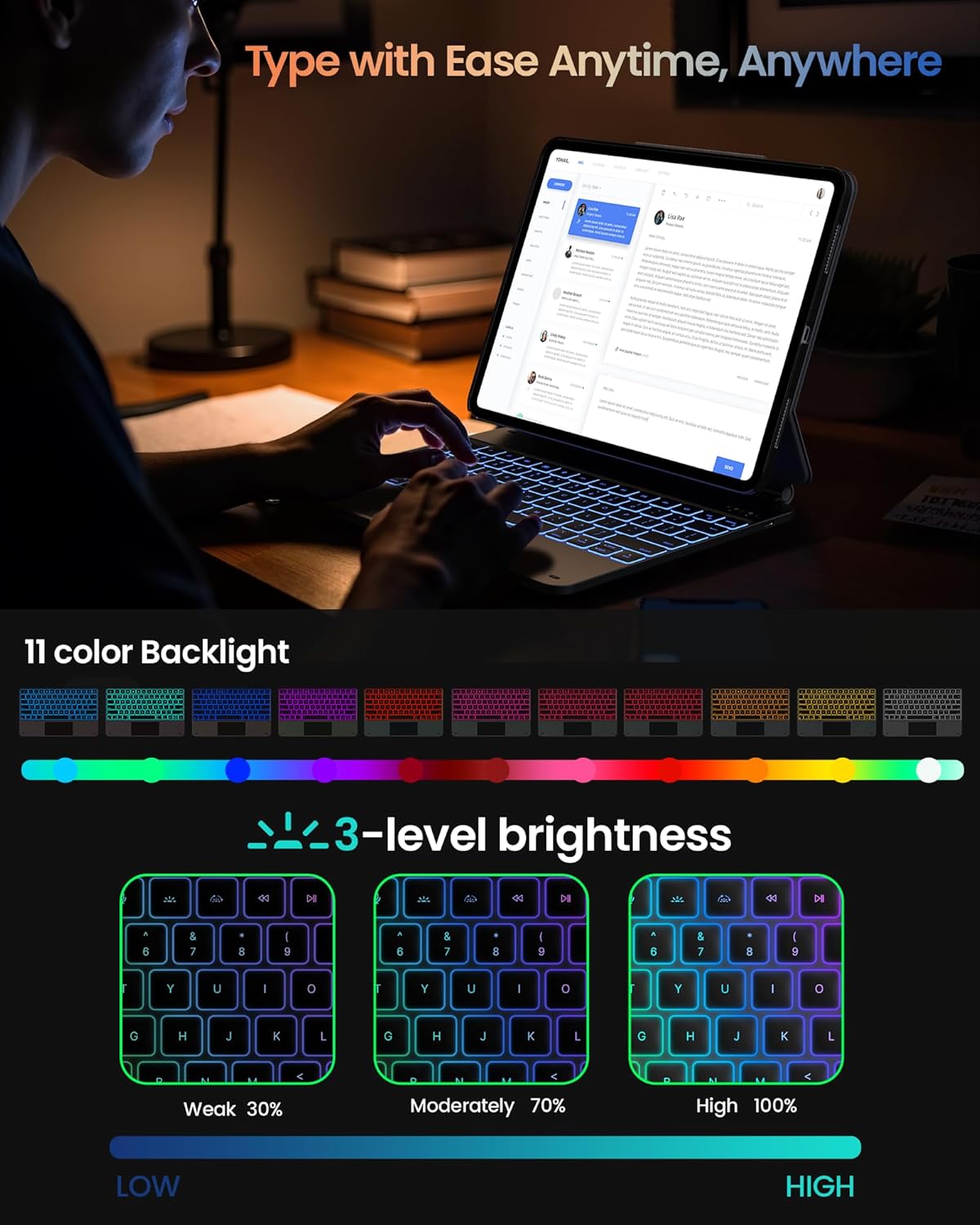 typecase Edge+ Keyboard Case for 2024 iPad Pro 13-inch (M4),Black Keyboard with Litchi Grain Protective Case,Portrait & Typing Modes,Built-in Trackpad,11-Color Backlight,Magnetic Stand,Pencil Holder