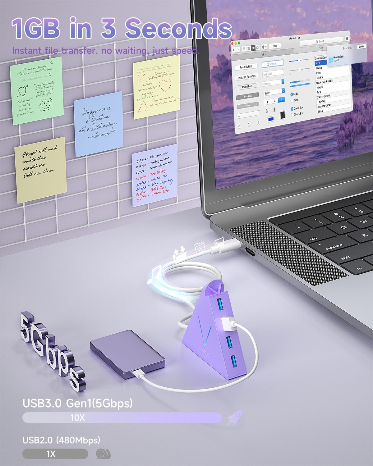 USB C Hub, USB Type C to 4-Port USB 3.0 Adapter for MacBook, Surface, Laptop, Flash Drive, Mouse, Keyboard, HDD (2ft, Light Purple)
