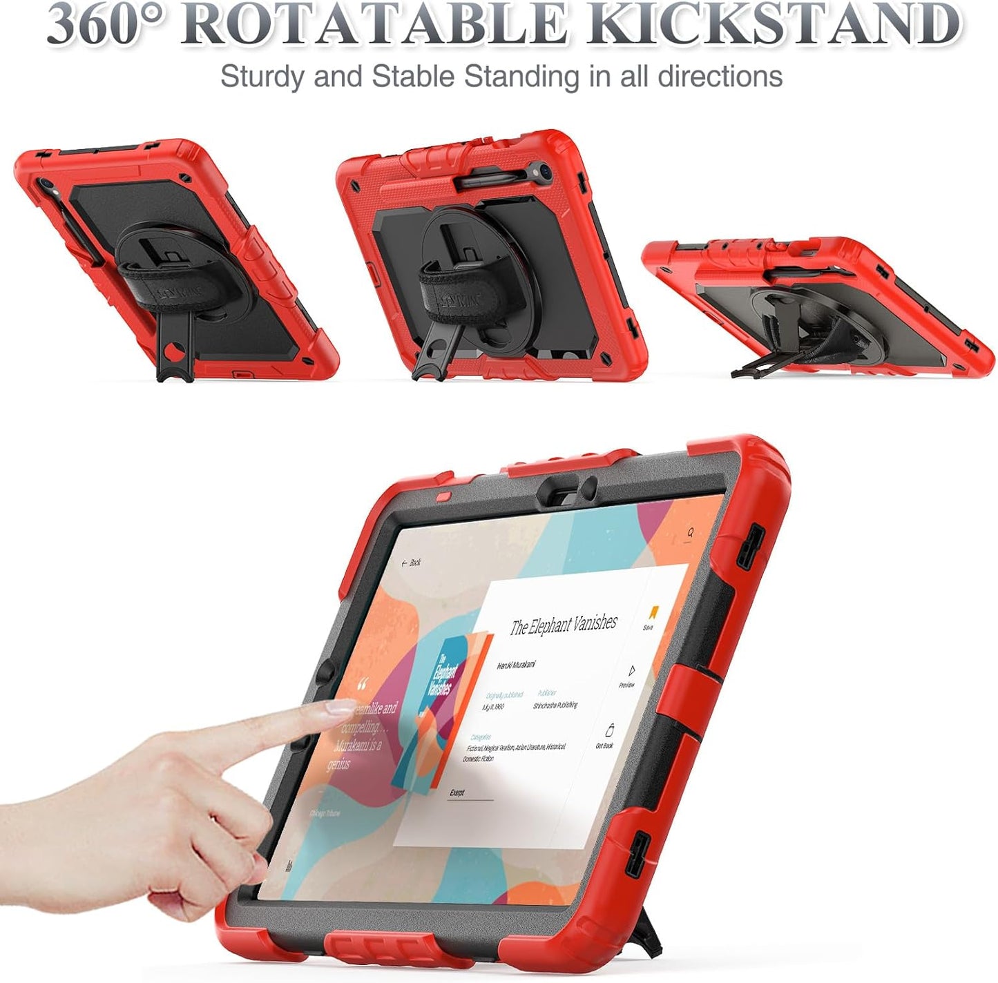 SEYMAC stock Case for Samsung Galaxy Tab S10 FE / S9 / S9 FE 5G Tablet Case Protective with Screen Protector, Pencil Holder, 360 Rotate Stand, Hand Strap, Shoulder Strap, Red