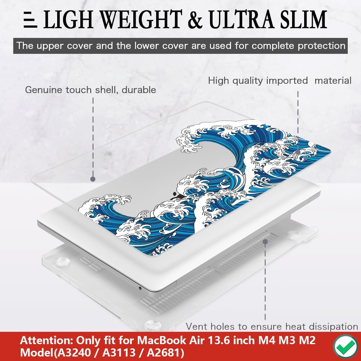 CISSOOK Wave Case for MacBook Air 13.6 inch 2025 2024 2023 2022 Release, Ocean Hard Shell Cover for MacBook Air 13.6 Touch ID Model A2681 A3113 A3240 M2 M3 M4 Chip with Keyboard Cover - Great Wave