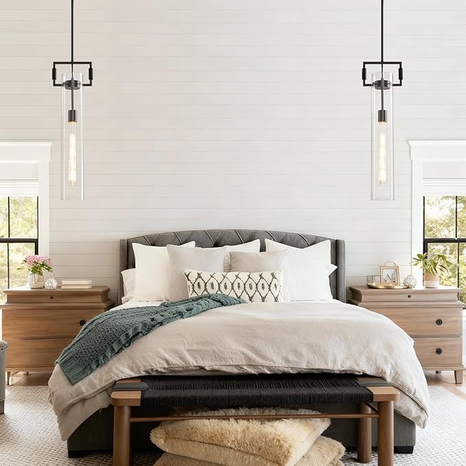 Matte Black Glass Pendant Light: Modern Knurled copper Pendant Lights Kitchen Island Set of 2 - Industrial Hanging Light Fixtures with Long Tube - Height Adjustable Pendants Lighting for Living Room