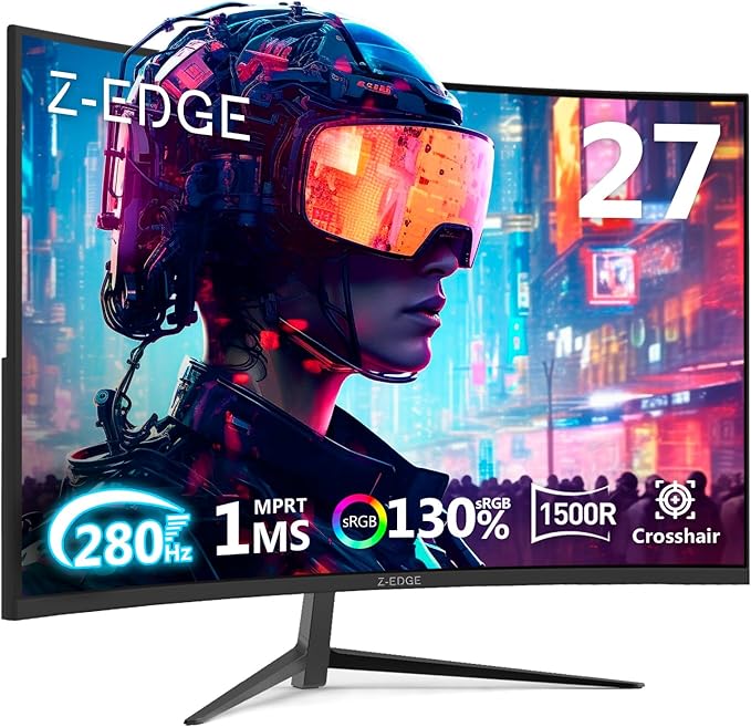 Z-Edge 27 inch Curved Gaming Monitor, FHD 1080P 240Hz 280Hz Curved 1500R Computer Monitor, Fast MPRT 1ms Monitor, 350nits, 16.7M Colors, 4000:1 Contrast, UG27P 2X DP 1.2 Ports and 2X HDMI 2.0 Ports