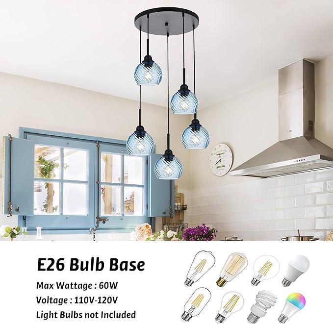 5 Light Cluster Pendant Lighting with Striped Swirl Globe Glass Blue Pendant Light for Kitchen Island, Modern Dining Room Light Fixtures Over Table Hanging Ceiling Light, E26 Base