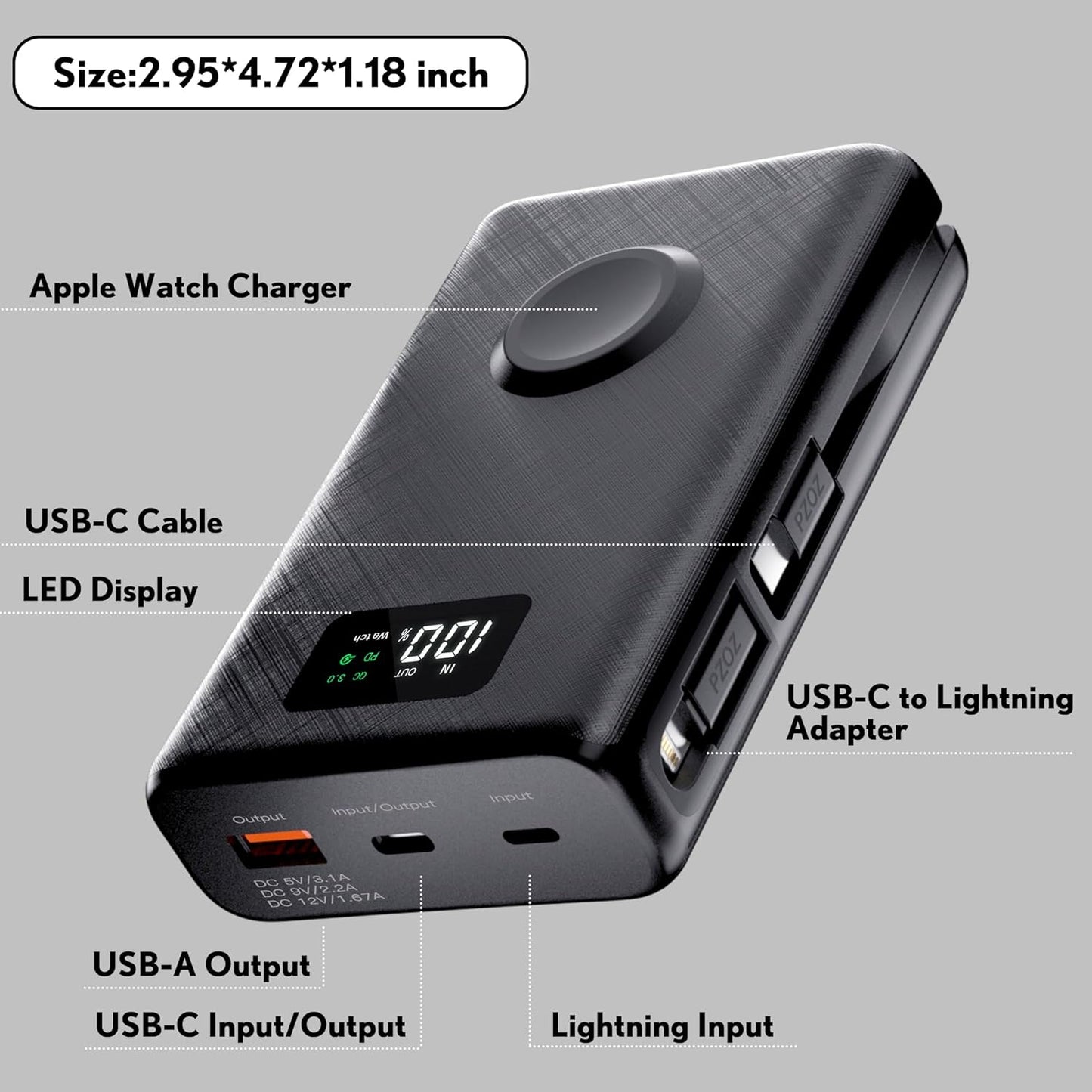pzoz 20000mAh Portable Power Bank Powerbank Battery Pack with Apple Watch Magnetic Wireless Charger,USB Type C PD Fast Charging Cable Travel High Capacity Compatible iWatch iPhone 16 15 Phone (Black)