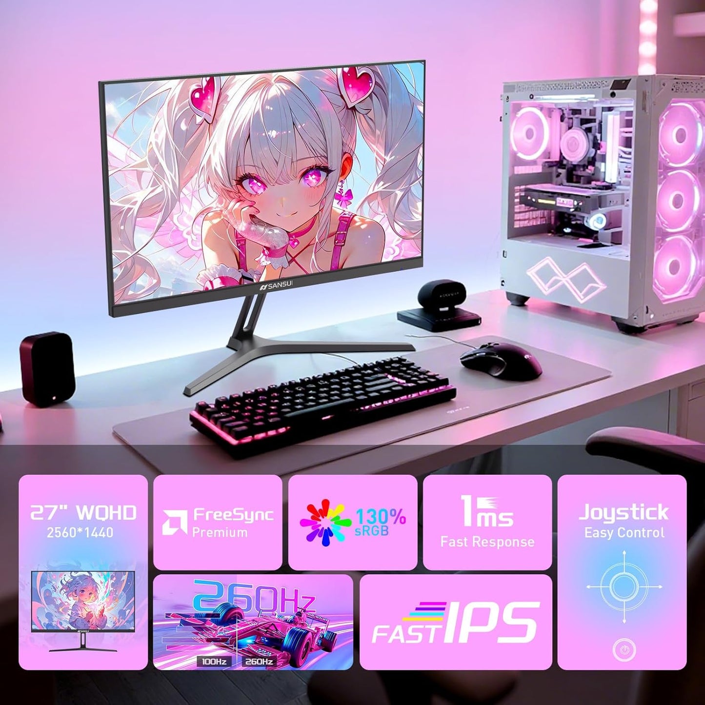 SANSUI 27 Inch WQHD 1440p Gaming Monitor 240hz up to 260hz-Fast IPS 1ms FreeSync Premium 丨DCI-P3 98% 丨sRGB130% 丨HDR10 丨2×DisplayPort 1.4丨2×HDMI2.0 PC Gaming Monitor with Crosshair