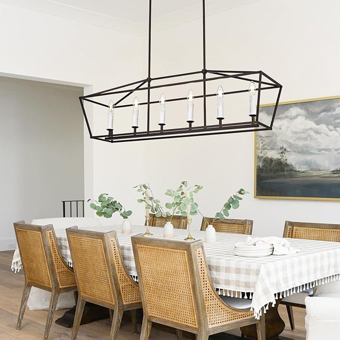 6-Light Kitchen Island Pendant Lighting Fixture, Farmhouse Linear Chandelier for Dining Room Over Table, Oil Rubbed Bronze & E12 Bulb Base