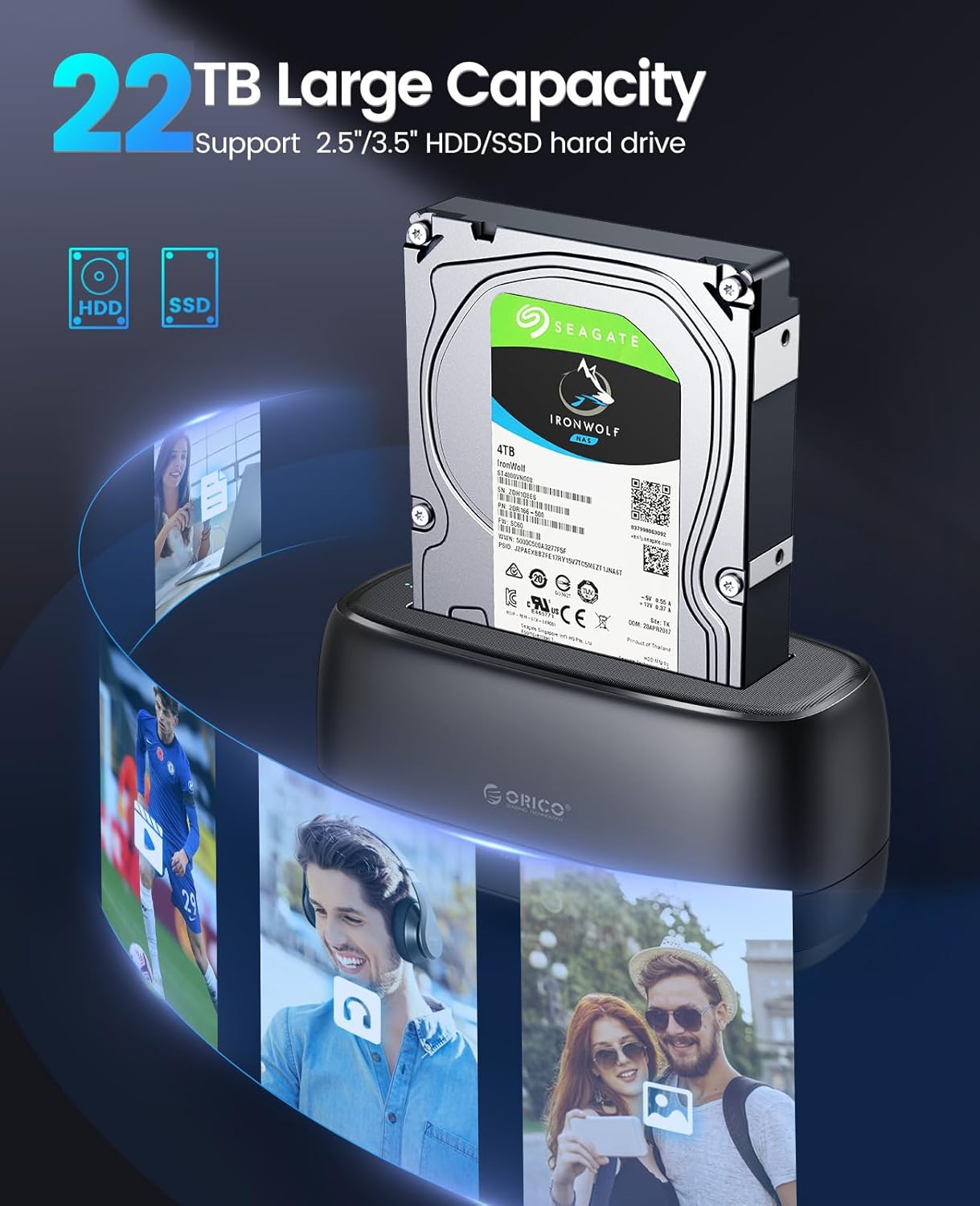 ORICO Hard Drive Docking Station USB 3.2 Gen 1 to SATA USB C Hard Drive Enclosure for 2.5&3.5 Inch SSD HDD Up to 22 TB with 12V Power Supply, Tool-Free and UASP Supported (DD18C3)