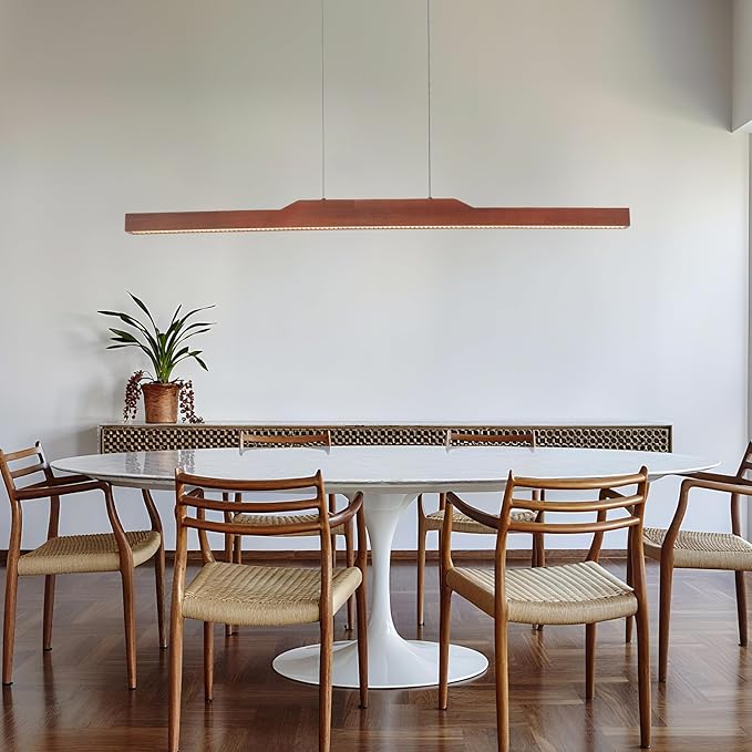 Q&S Linear Chandelier,Wood Pendant Light Fixtures for Dining Room,Modern Dimmable Hanging Led Chandelier with Remote 30W Kitchen Island Light for Bar Pool Office 39"