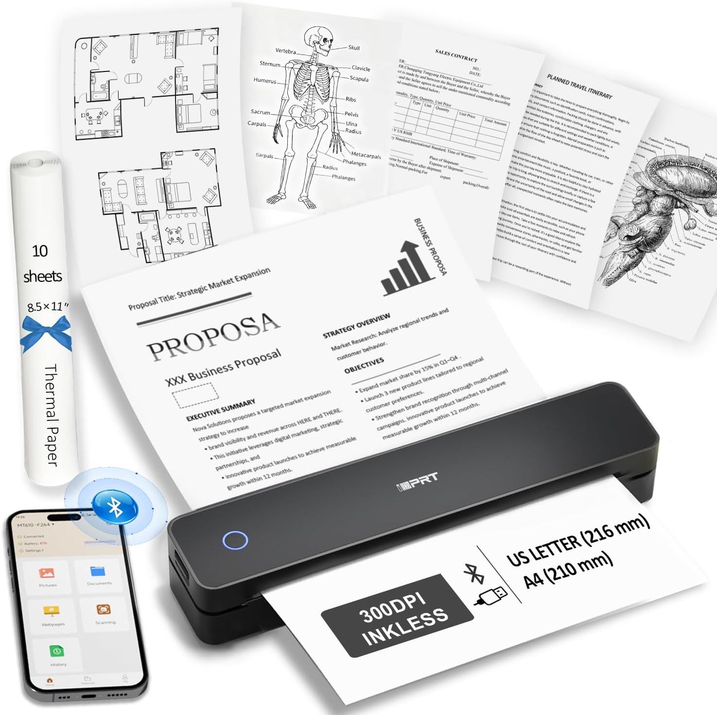 Inkless Portable Printer for Travel, 300DPI Wireless Thermal Printer Support 8.5" x 11" US Letter, A4, MT610Pro Small Bluetooth Printers Compatible with iOS, Android Laptop for Home Office Car, Black