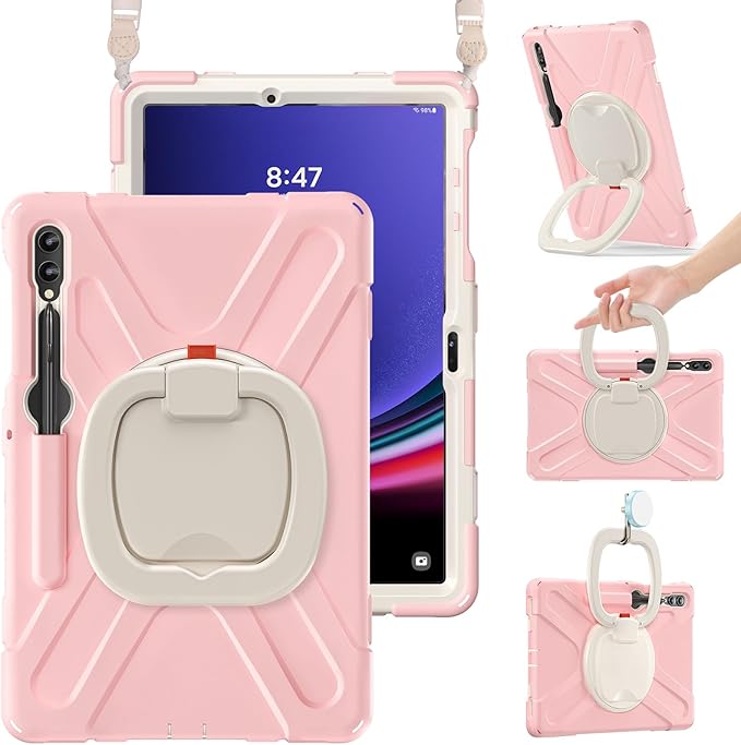 BRAECN Case for Samsung Galaxy Tab S9+/S8+/S7 FE/S7+ 12.4, Drop-Proof Rugged Case with Shoulder Strap, S Pen Holder,Stable Kickstand,Handle Grip for Galaxy Tab S9 Plus SM-X810/X816B/X818U-Sakura Pink