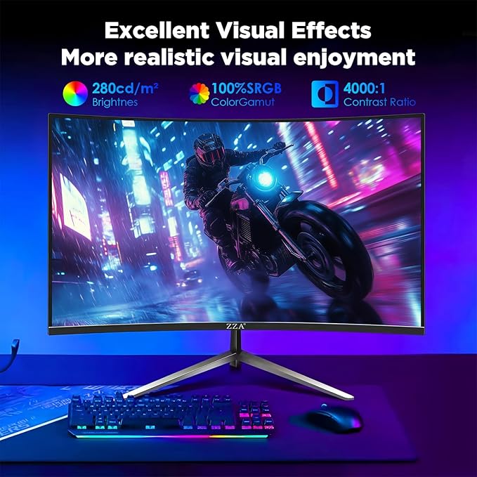 ZZA 32 Inch Curved Gaming Monitor, 240Hz High Refresh Rate, FHD 1920x1080P, Curved 1500R, HDMI 2.0/DP1.4, 1ms MPRT, HDR, FreeSync, VESA Compatible, Tilt Adjustable