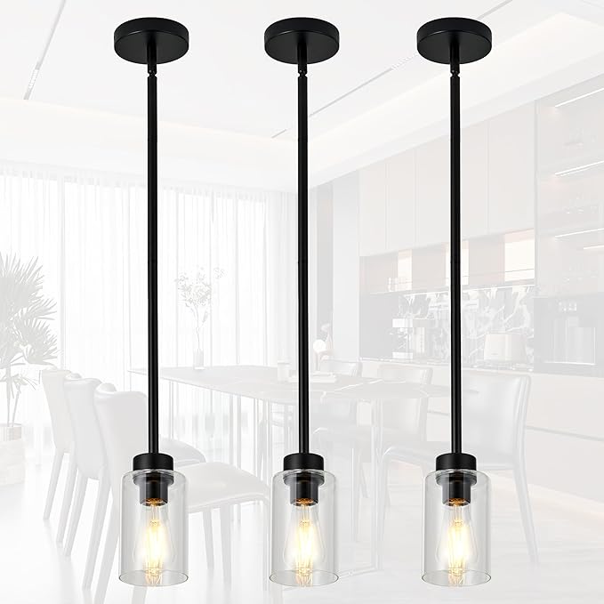 Black Pendant Lights Kitchen Island,Clear Glass Pendant Light Fixture Multiple Stems Rods 3 Units 12 Inch 3 Units 4 Inch