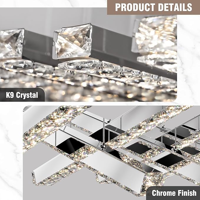 7-Light Linear Crystal Chandelier, LED Modern Chandelier, Chrome Pendant Light Fixture for Living Room Dining Room Kitchen
