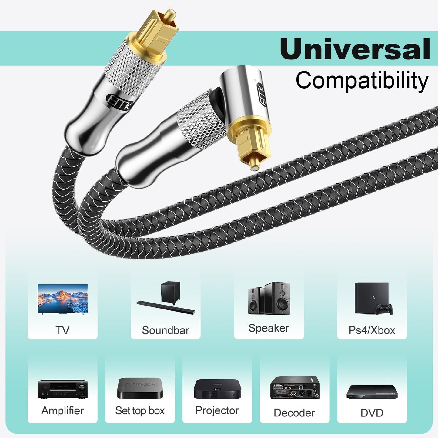 EMK Premium 24K Gold-Plated Right Angle Optical Cable – 90° Toslink to Toslink (10M/30Ft), 360° Rotatable for Soundbars, TVs & Home Theater