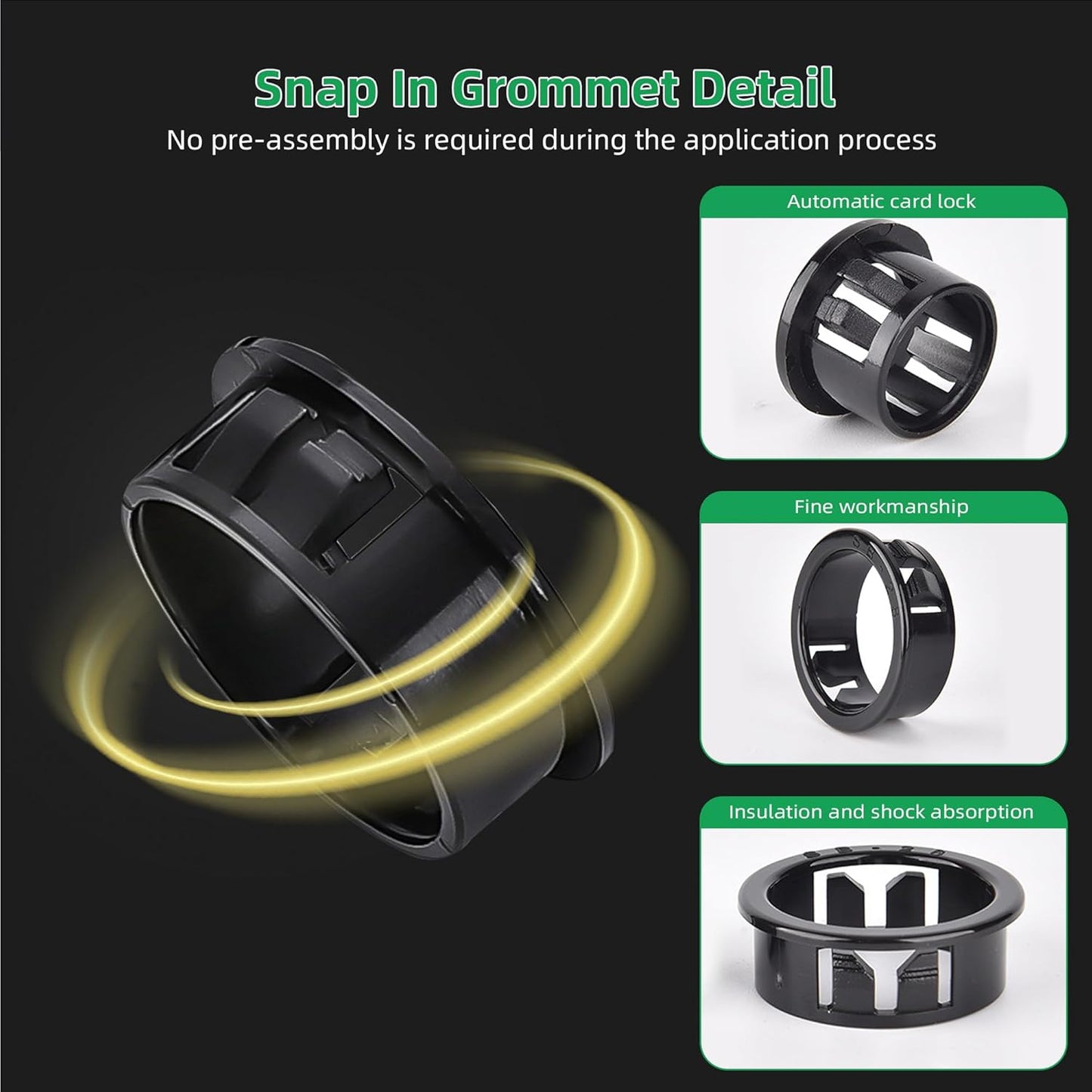 2-3/8"(60mm) Black Snap-in Knockout Insulating Bushing Grommets, Plastic Cable Hole Grommets for Wiring, Round Nylon Snap in Locking Electrical Wire Cord Hose & Tubing Bushings Grommets, 4pcs