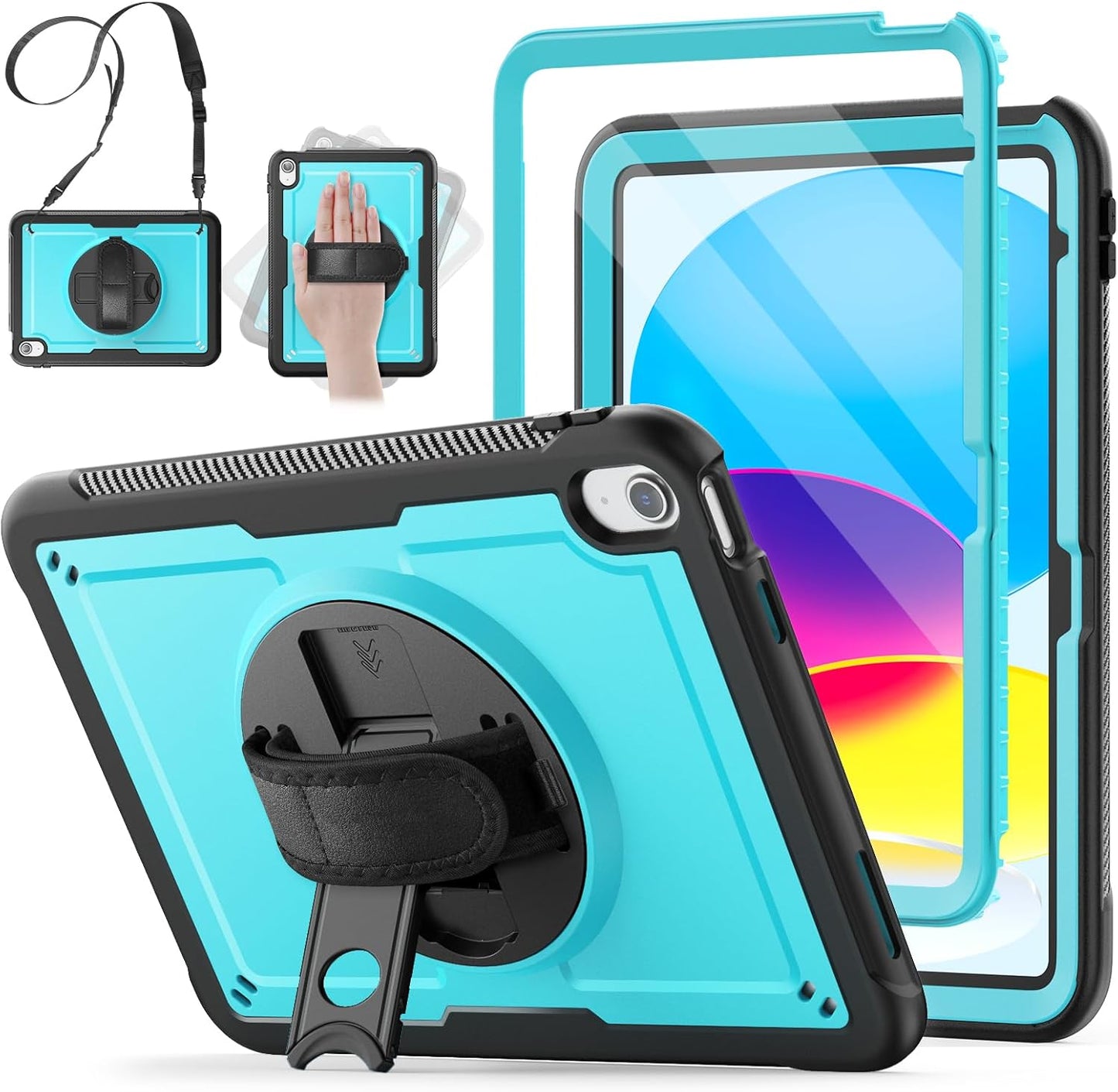 SCSVPN Case for iPad (A16) 11th Generation 11 Inch 2025 / 10th Generation 10.9 Inch 2022, Shockproof Protective Case with Screen Protector, Pen Holder, Rotating Stand, Hand/Shoulder Strap - Sky Blue