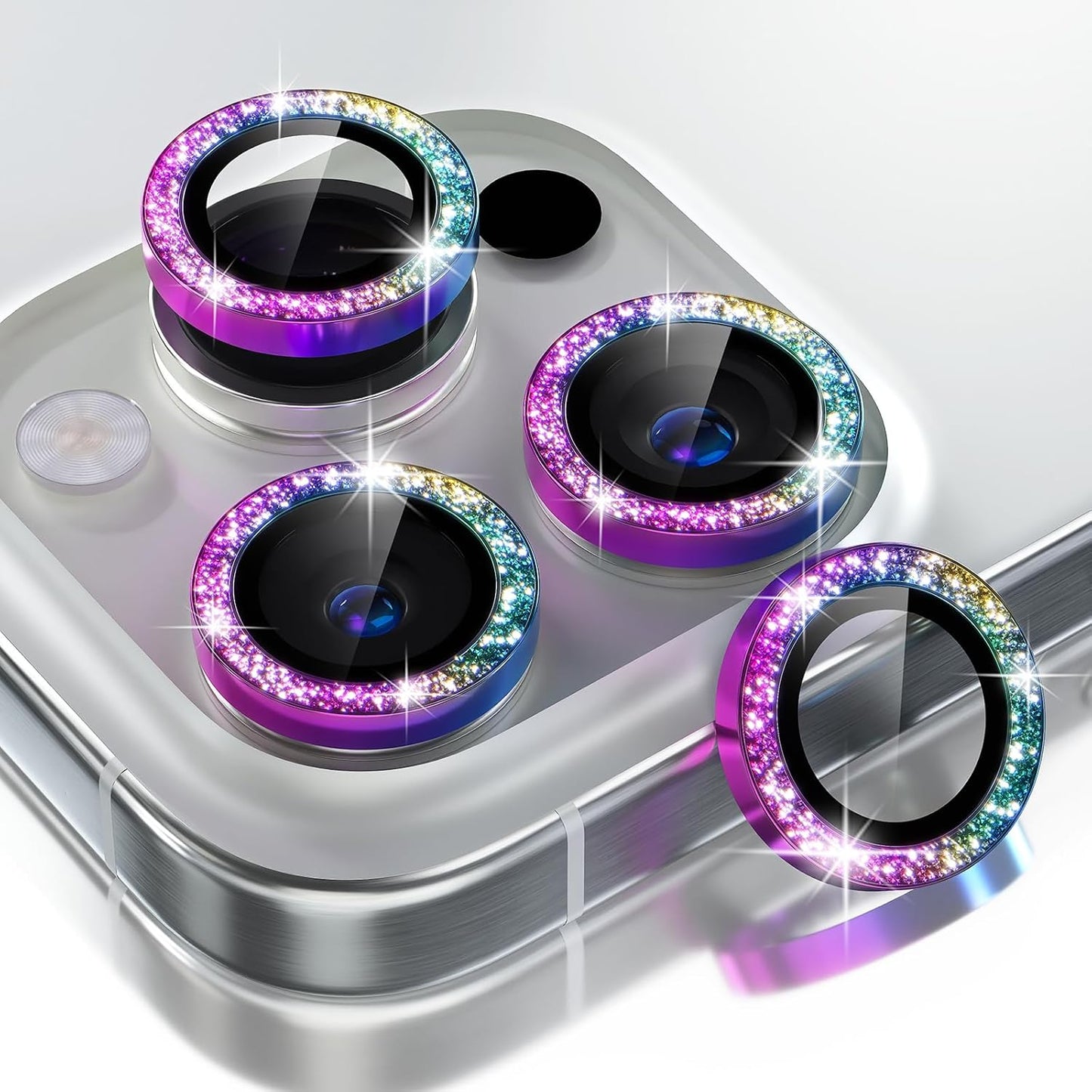 Choiche Compatible for iPhone 16 Pro/iPhone 16 Pro Max Camera Lens Protector Bling, 9H Tempered Glass Camera Cover Screen Protector Metal Ring Decoration Accessories (Glitter-Colorful)