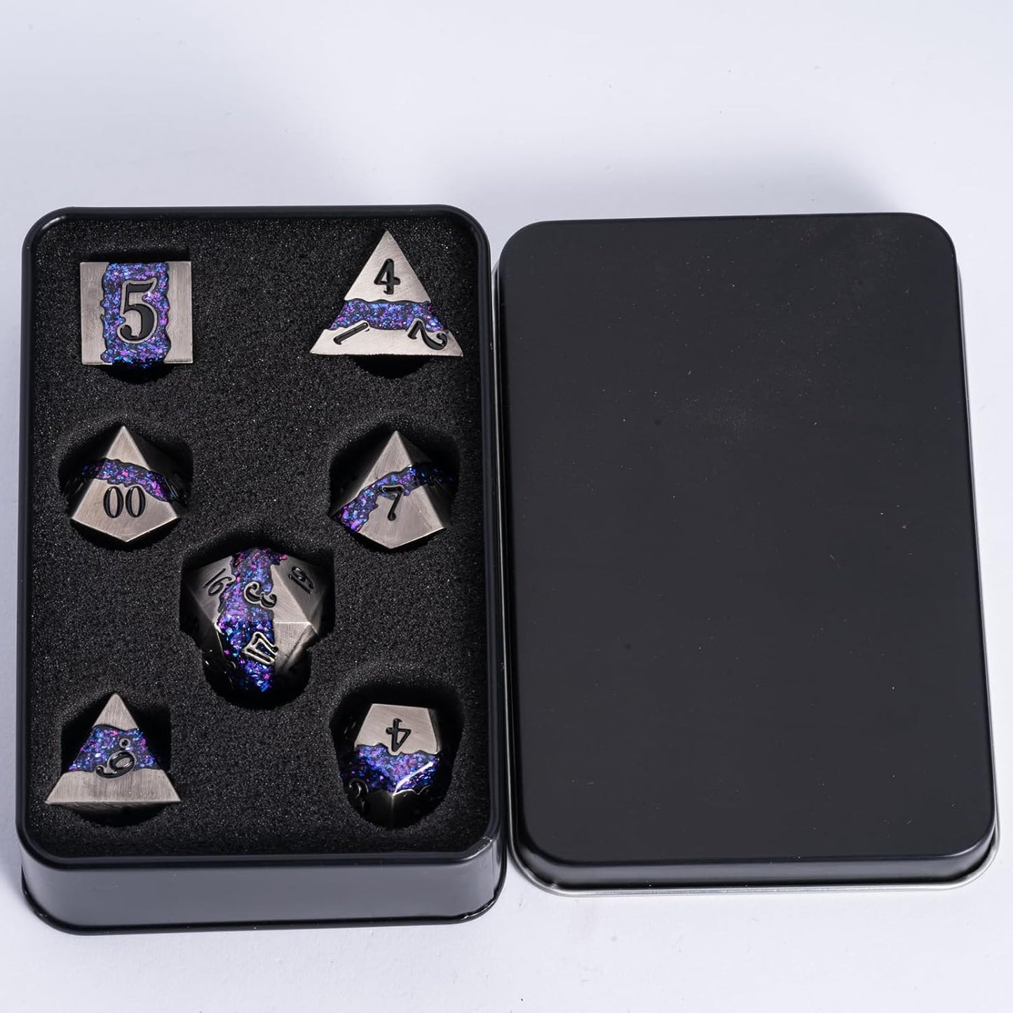 Metal Dice Set D&D, 7 PCS RPG Metallic Glitter Stripe Dice Set with Gift Box for Dungeons and Dragons Role Playing Games