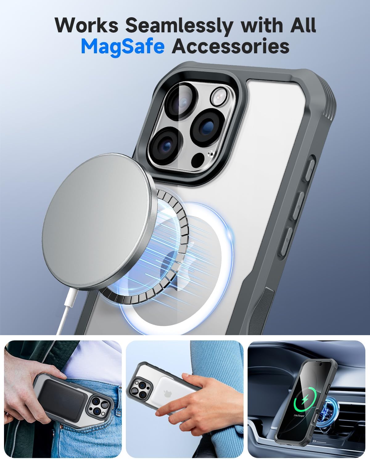 seacosmo for iPhone 16 Pro Max Case, Full Body Bumper with Built-in 9H Tempered Glass Privacy Screen Protector and Camera Lens Protector, Compatible with MagSafe, Shockproof Phone Cover, 6.9", Gray