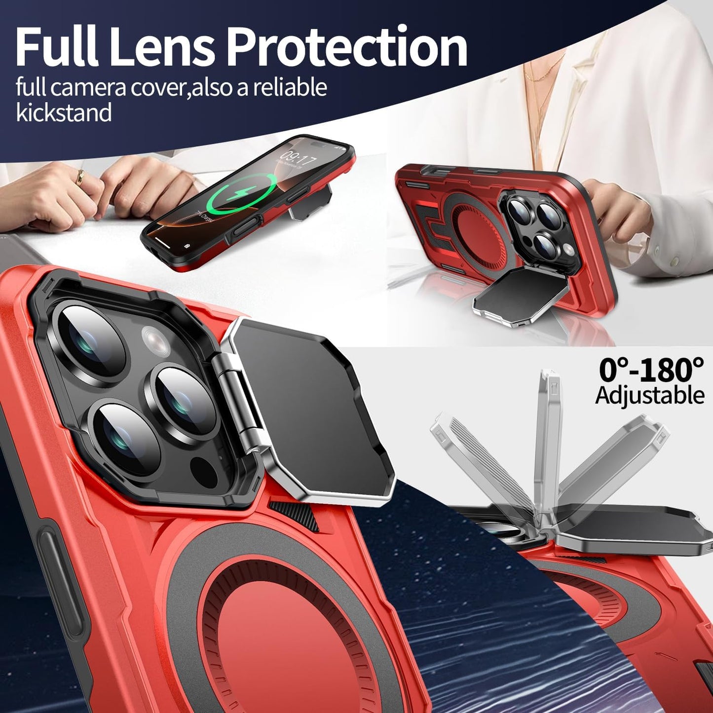 Camera Stand Case for iPhone 16 Pro, [Compatible with MagSafe] [Lens Cover] 2024 Version Military Grade Protective Soft Case for iPhone 16 Pro 6.3 inch Men Women, Red