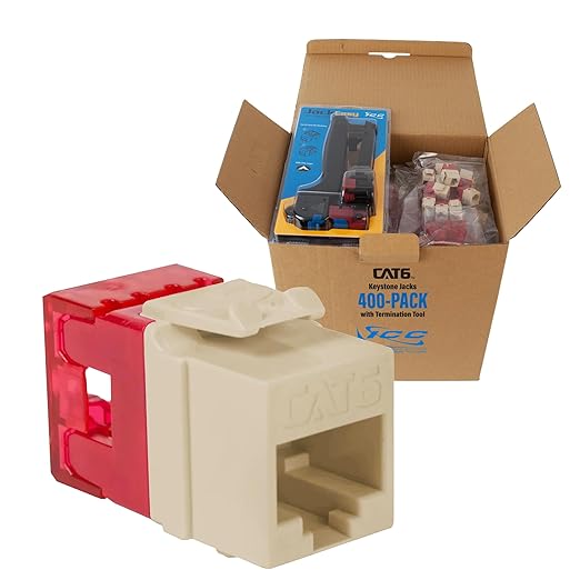 ICC CAT6 Keystone Jack with Slim Profile 180 Degree Punch Down, RJ45 UL Listed PoE++ TAA Compliant for Wall Plate or Patch Panel, Includes JackEasy Termination Tool, Ivory 400 Pack