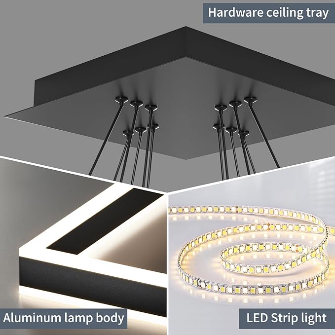 Modern Chandeliers for Living Room, 2 Ring Square LED Pendant Light Fixture, 3000K-6500K Dimmable Dining Room Ceiling Hanging Light Over Table, Modern Kitchen Island Lighting Adjustable Height