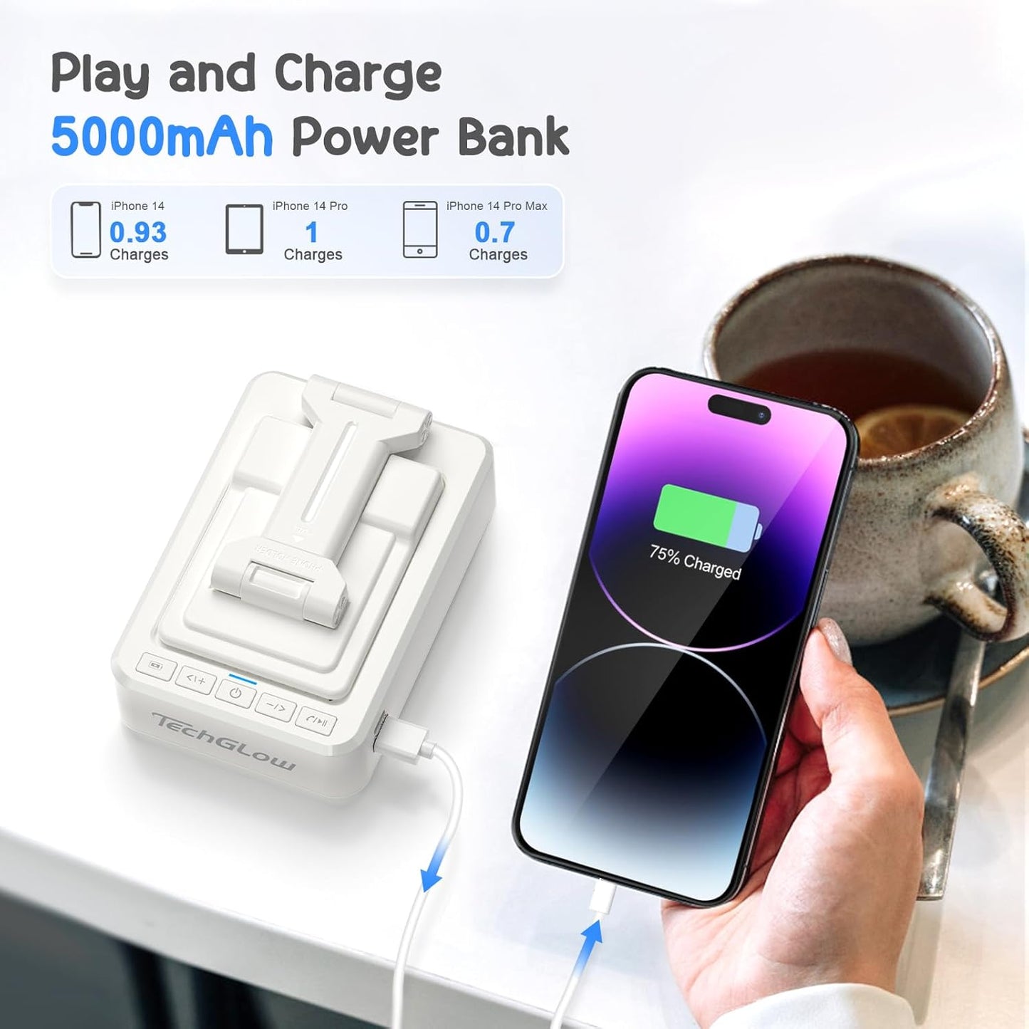 TechGlow Foldable Cellphone Stand with Bluetooth Speaker and Power Bank Birthday Gifts for Men Women Mother Father Brother Sister Teens Cool Tech Gadgets-White