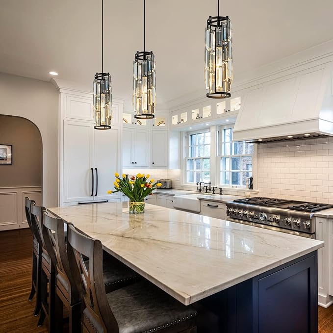Pendant Lights Modern Black Pendant Light Mini Crystal Chandelier Pendant Lighting for Kitchen Island Dinning Room Bedroom Kitchen Sink Lighting (Black 2-Pack)